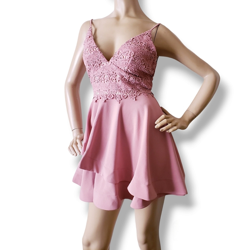 A'gaci Blush Pink Lace Bodice Layered Faille  Dress